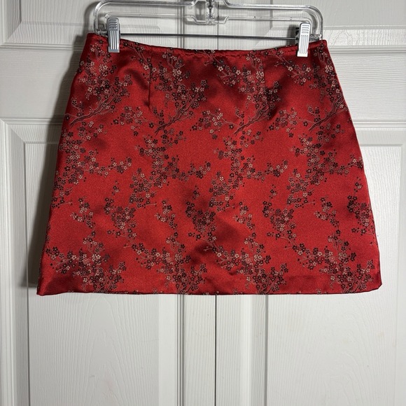 XOXO Dresses & Skirts - Vintage XOXO Mini Skirt Women 11/12 Red Satin 90s Jacquard Cherry Blossom Floral